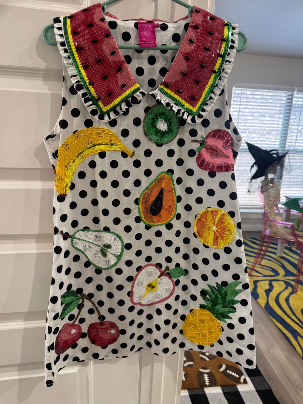 QUEEN OF SPARKLES Polka Dot Black & White fruit dress